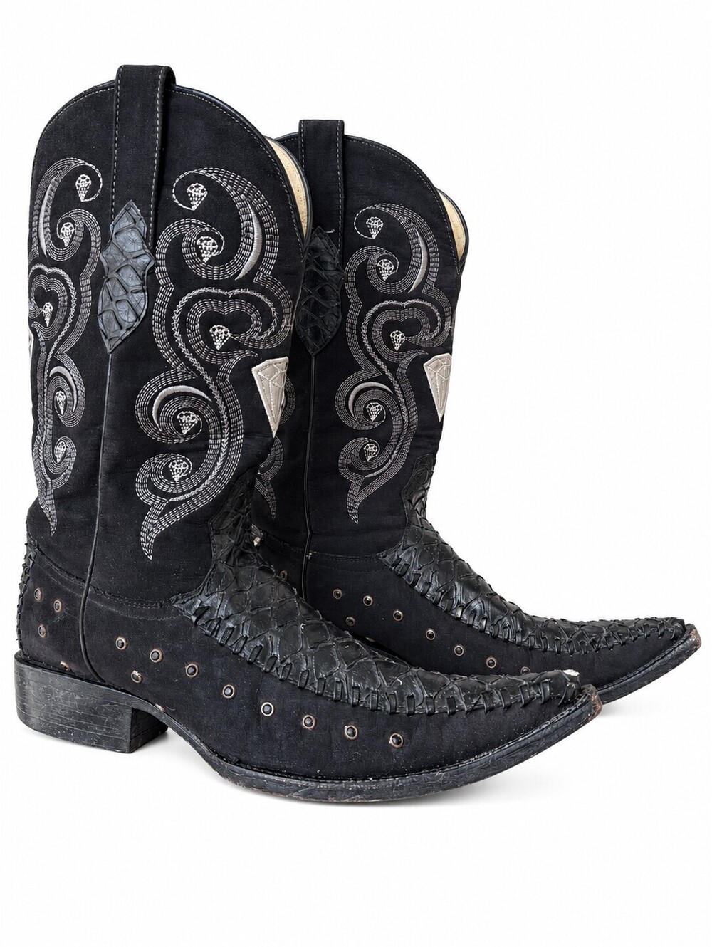 White Diamonds Men’s 8.5 Black Leather Cowboy Boots Y2K Embroidered Western